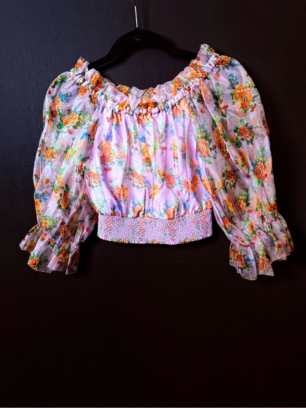 NWT Alice + Olivia Lavender Off-Shoulder Floral Sheer Crop Top - Picture 4 of 9